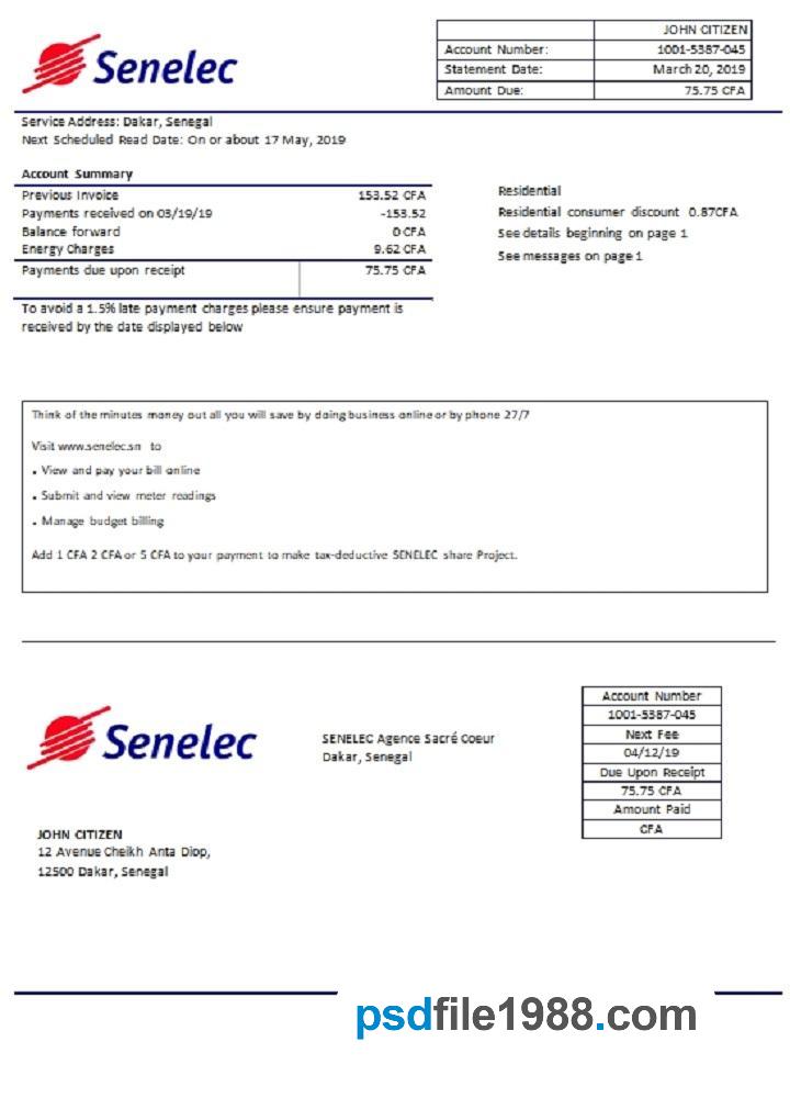 Senegal Senelec Agence Sacre Coeur Company Electricity Utility Bill